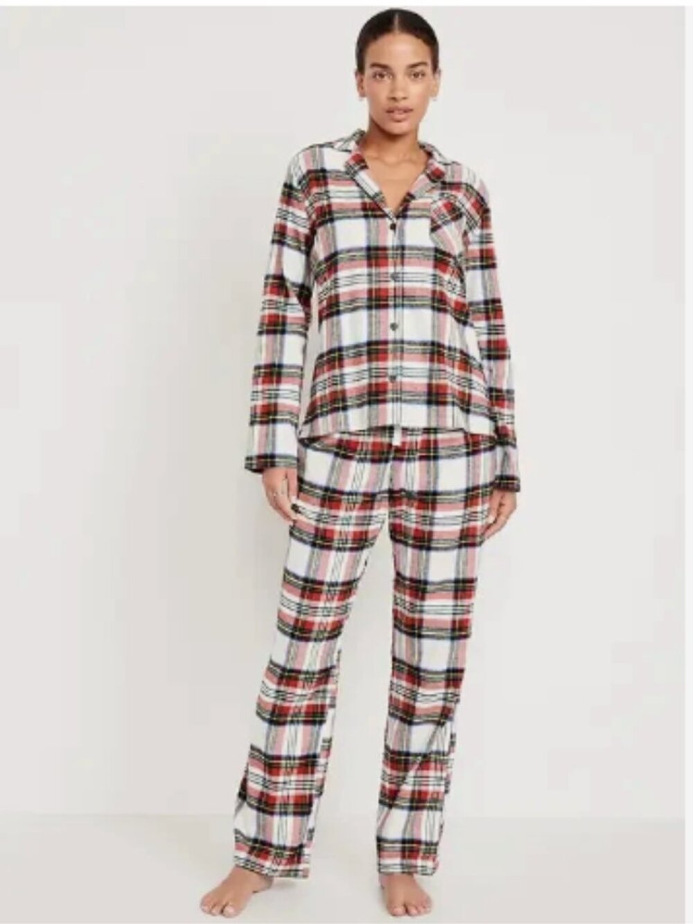 Old Navy Women’s Plus Sz 3X Flannel Pajama Set White Tartan Plaid Holiday Cotton